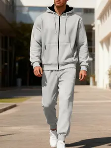 Men's Fall Winter Fleece Lined Hoodie Set, Casual Sporty Zipper Jacket & Drawstring Pants, Warm Plain Sweatshirt Jogger