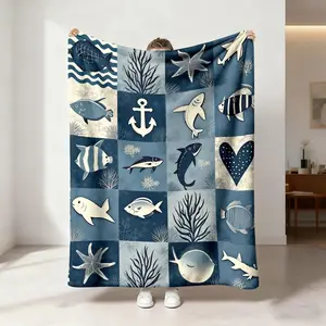 1 piece of retro patchwork wind marine life blanket blue and white seabed fish fish boat anchor printed flannel blanket soft and comfortable suitable for various occasions such as sofa bed camping