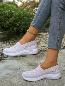 Breathable Flyknit Women's Shoes No Laces Lazy Single Shoe Lightweight Soft Sole Walking Shoes Casual Daily Wear