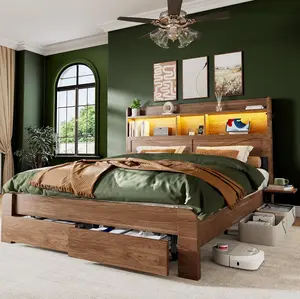 Queen Bed Frame with 2-Tier Storage Headboard, LED Lights, Charging Station, 2 Drawers, 900lbs Capacity, Wood & Metal Platform, Noise-Free, No Box Spring Needed, Barn Door Design