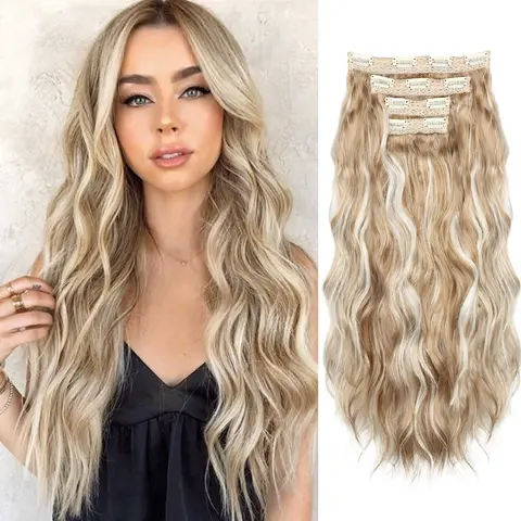 Auvzy Curled Hair Clip in Extensions 24 Inch Full Head Synthetic Hairpieces 4PCS Lightweight Stylish Long Wavy Hairpieces for Girls Hairextensions Curly Hairstyle
