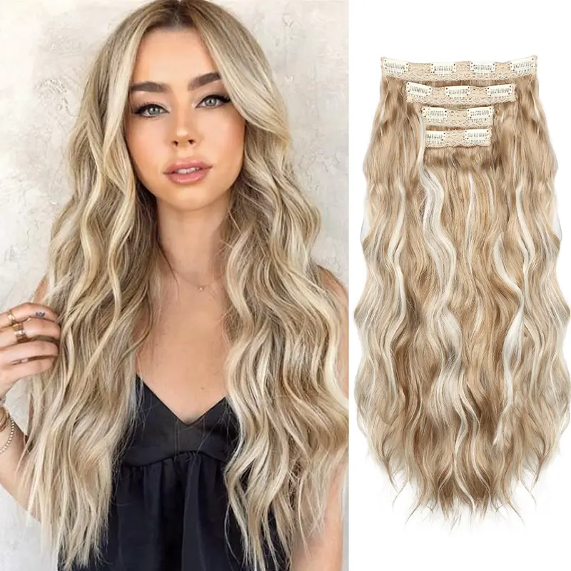 Auvzy Curled Hair Clip in Extensions 24 Inch Full Head Synthetic Hairpieces 4PCS Lightweight Stylish Long Wavy Hairpieces for Girls Hairextensions Curly Hairstyle