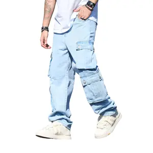 New Men Street Stylish Multiple pockets Loose Cargo Jeans Trousers Male Solid Straight Denim Pants