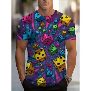 Men's Stylish Menswear Polyester Round Neck Shortsleeve T-Shirt - 3D Psychedelic Dice Explosion Graphic, Neon Colorful Crew Neck Tee for Casual Summer Wear, Gaming Enthusiasts