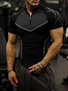 Men's Half-Zip Stand Collar Gym T-Shirt, Honeycomb Breathable Quick-Dry High Stretch Slim Fit Sports Short Sleeve Top