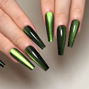 Green Cat Eye Press on Nails Extra Long Square Fake Nails Glitter Mirror False Nails Reusable Stick on Nails with Glue on Nails Acrylic Artificial Nails for Women DIY Manicure Decoration