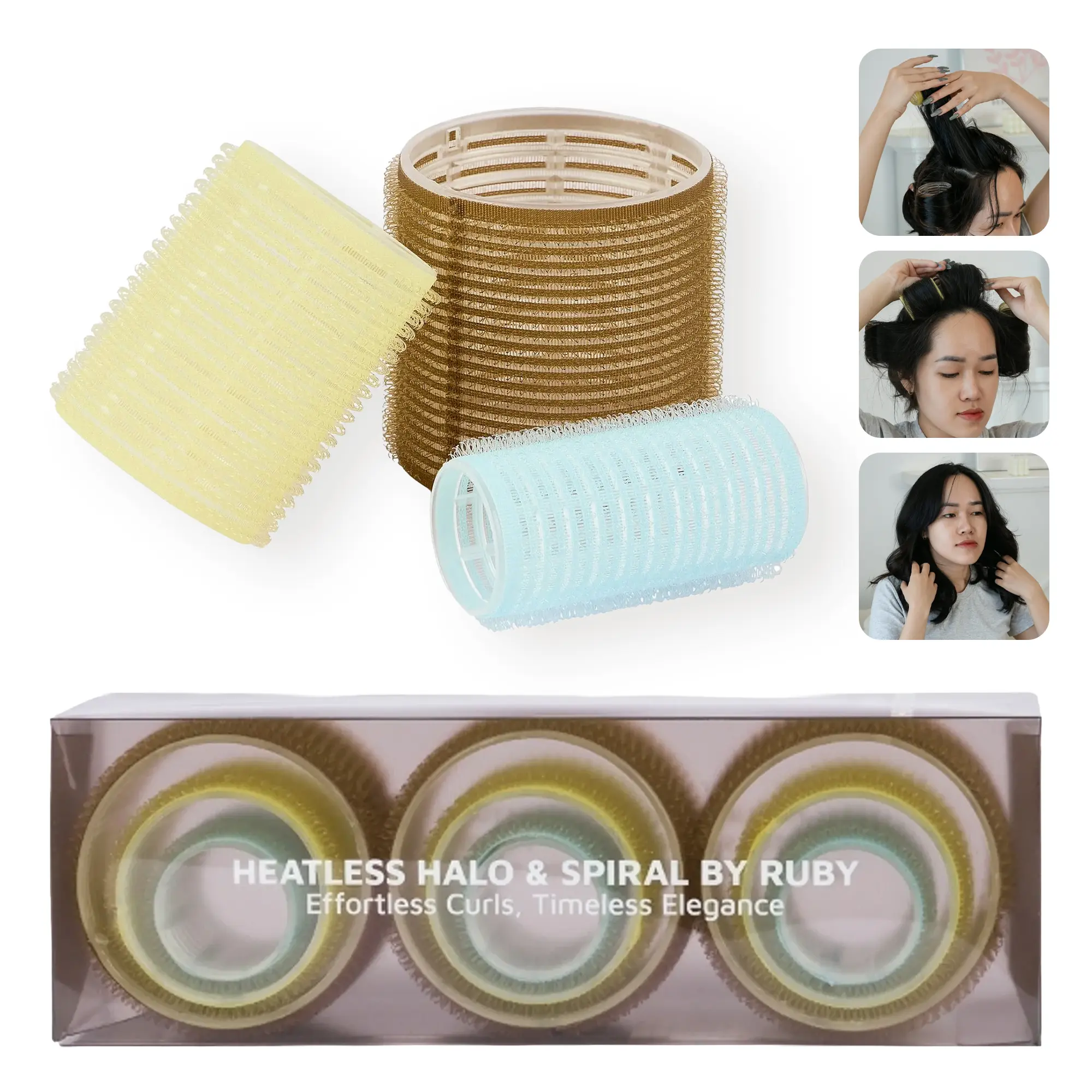 [RUBY VIBE CO] LuxeStyle Heatless Curlers Set No-Heat Volume Natural Curls Assorted Sizes Brown Yellow Blue Hair Rollers Wave Home Hair Kit Home Hair Kit Haircare
