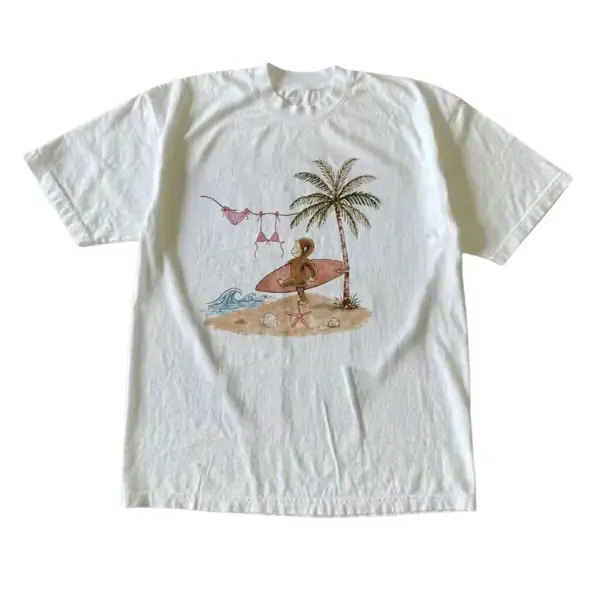 Curious George Surfing Y2K Vintage Washed Heavyweight Cotton Graphic Tee Boxy Fit Summer Casual Crewneck Short Sleeve T Shirt Classic Cartoon Streetwear Unisex Tops Trendy Menswear Womenswear Perfect Holiday Gift For Curious George Fans Daily Outdoor Outf