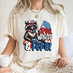 Red White and Feral Smoking Raccoon T-Shirt, Sweatshirt, Hoodie, Funny Patriotic Graphic Tee, 4th of July USA Shirt for Men and Women, Unisex Summer Party Outfit
