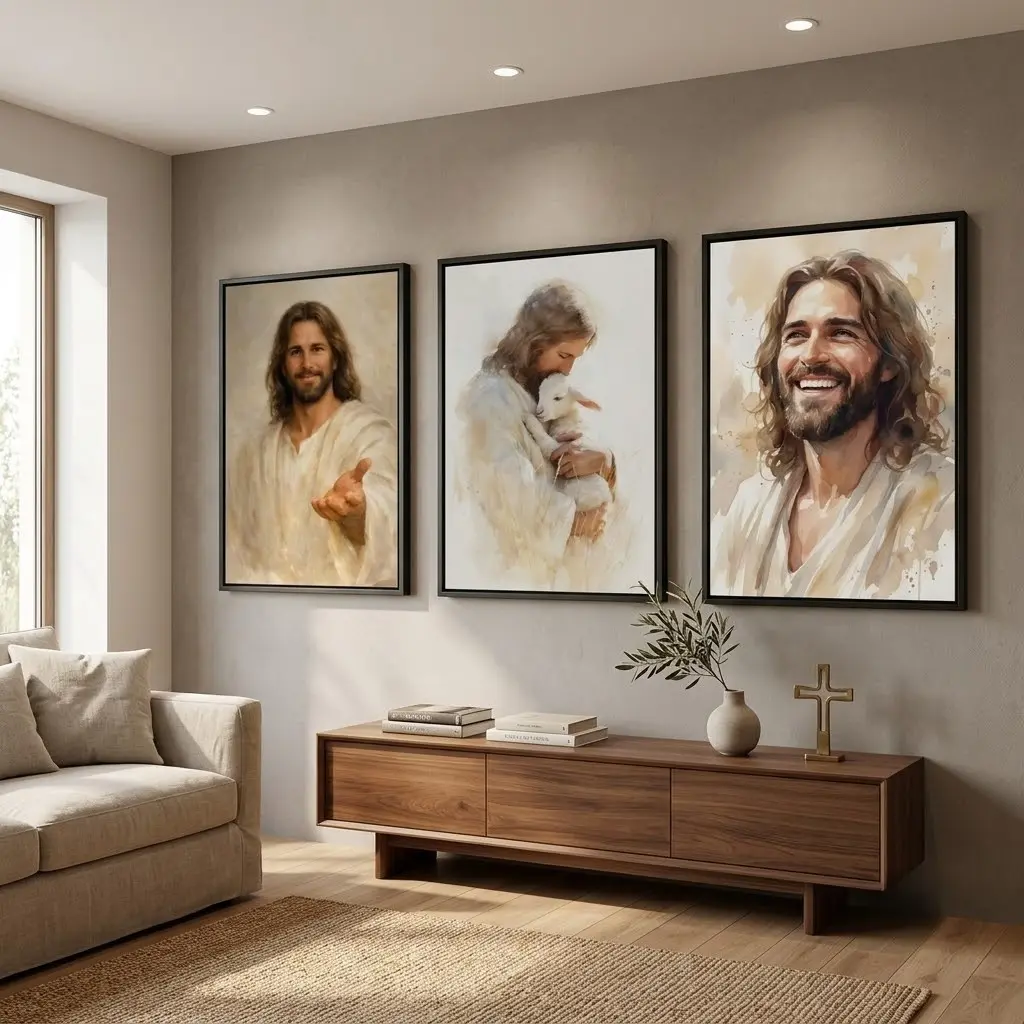 Christian 3-Piece Religious Faith Decor Wood Print, Jesus Christ Good Shepherd Lamb Bible-Themed Canvas Wall Art, Indoor Home Decor for Living Room Bedroom, Indoors