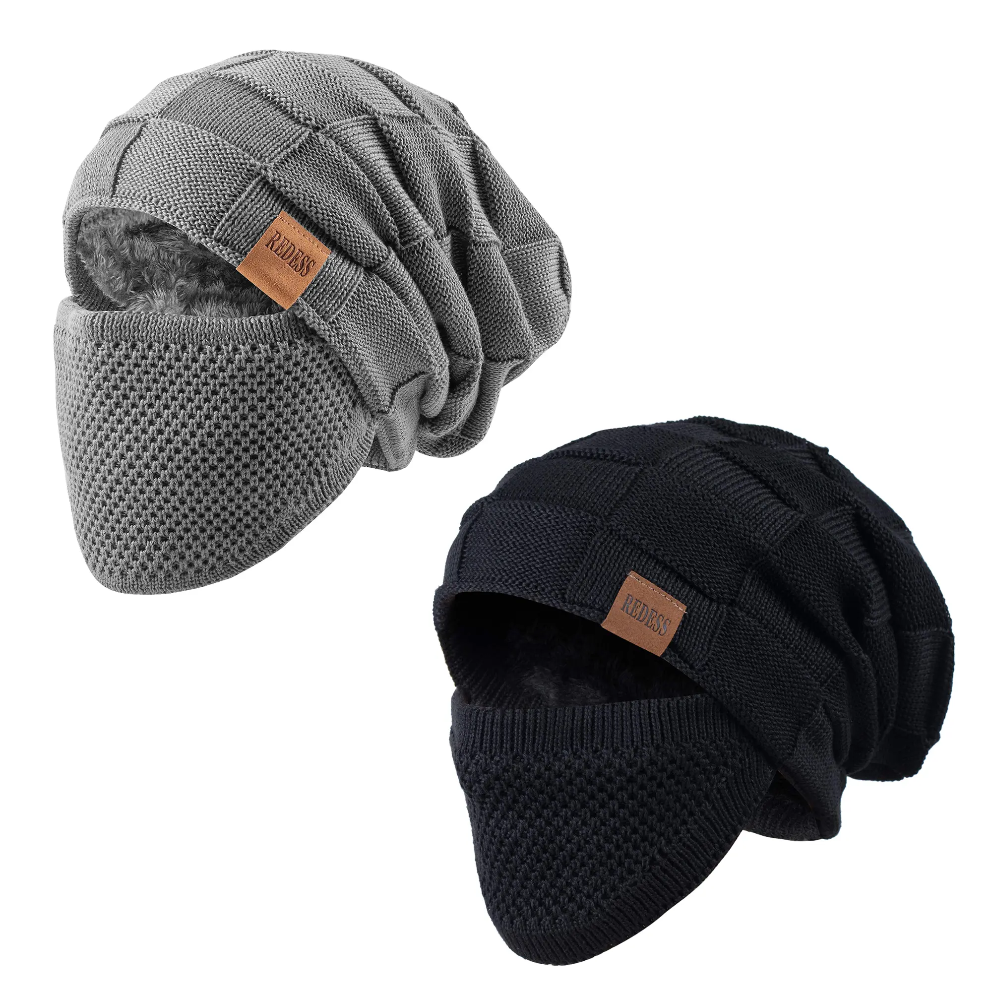 REDESS Unisex 2PC Outdoor Winter Warm Beanie Set - 2-in-1 Knit Hat with Detachable Face Cover, Windproof Fleece Lined Balaclava for Extra Warmth, Beanies for Women