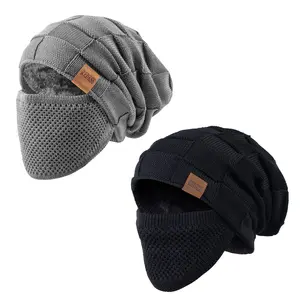 2PC Outdoor Winter Warm Hat 2-in-1 Winter Knit Beanie with Detachable Face Cover Winter Knit Beanie, Windproof Cold Fleece Lined Balaclava Hat