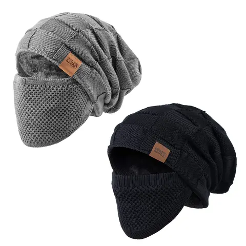 REDESS Unisex 2PC Outdoor Winter Warm Beanie Set - 2-in-1 Knit Hat with Detachable Face Cover, Windproof Fleece Lined Balaclava for Extra Warmth, Beanies for Women