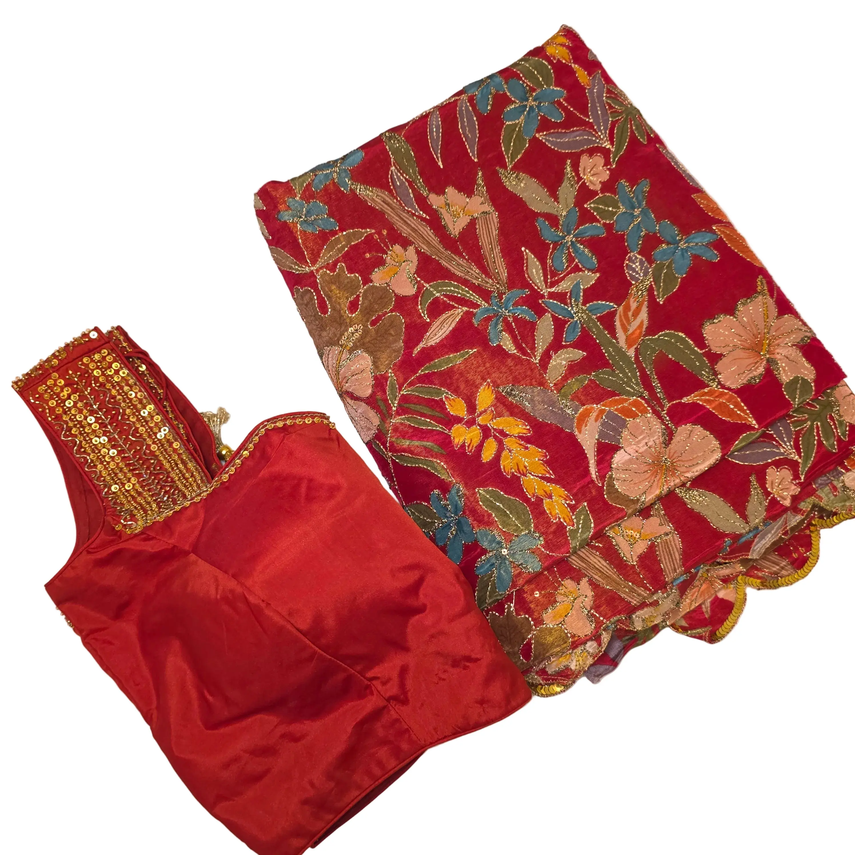 Reyavogue Womens Red Designer Floral Highlited Tissue Georgette Saree and Designer Blouse