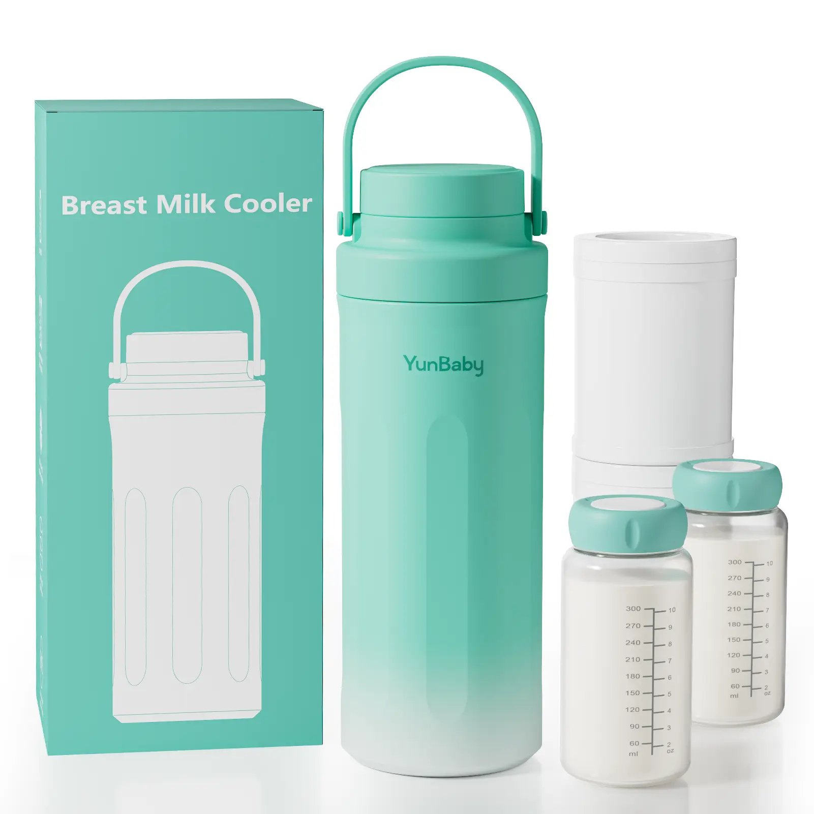 YUNBABY 22oz Travel Size Breast Milk Cooler + Bottles Kit with 360° Cooling Gel Pack Insert, 30H Long-Lasting Chill, 2 BPA-Free Stainless Steel Bottles, Leakproof, Dishwasher-Safe, Green, Advanced Cooling Tube, Large Capacity, Portable Design