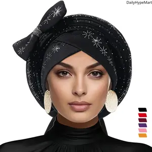 Elegant Stacked Head Cap, Rhinestone Bow Design, Gold Print Elastic Headwear for Weddings & Daily Use