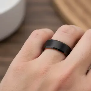 8mm Orange and Black Tungsten Wedding Band, Orange Tungsten Engagement Ring, Men & Women Tungsten Anniversary Ring, Male Tungsten Wedding Ring