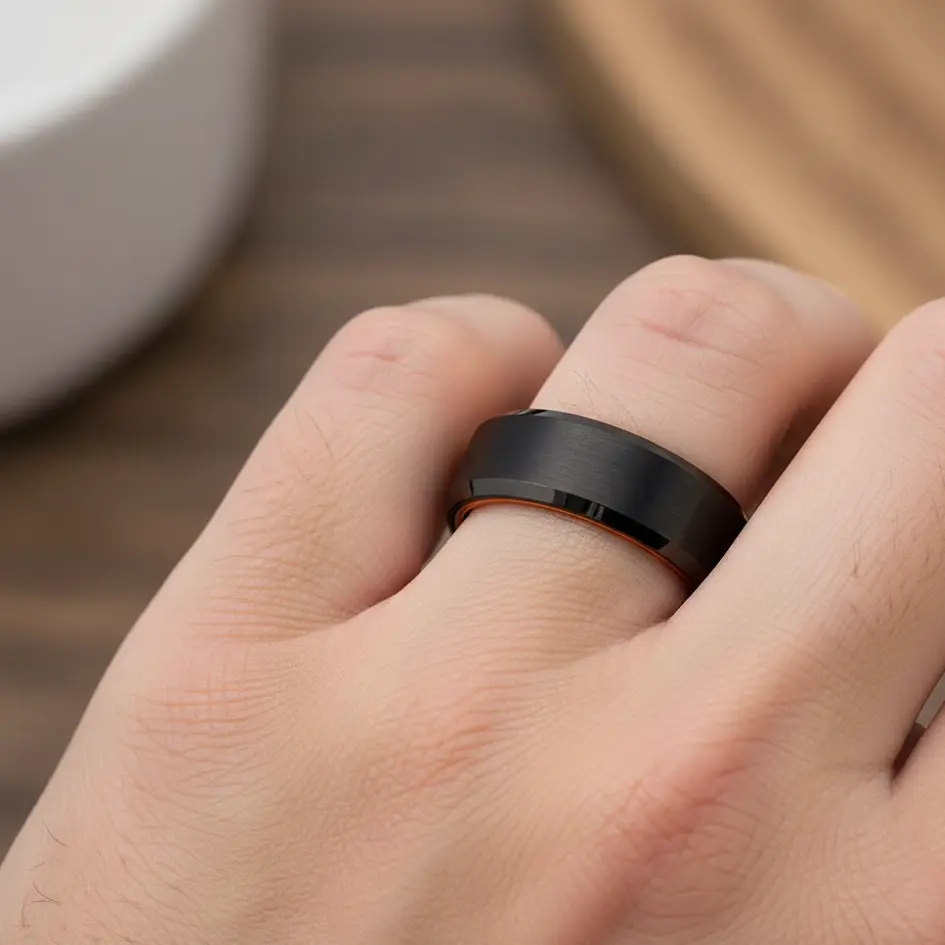 8mm Orange and Black Tungsten Wedding Band, Orange Tungsten Engagement Ring, Men & Women Tungsten Anniversary Ring, Male Tungsten Wedding Ring