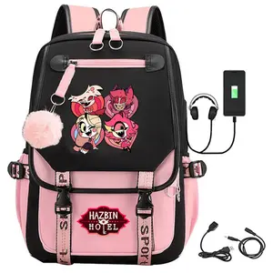 Hazbin Cartoon Character Print Outdoor Backpack, Cute Backpack, Sporty School Bag with Adjustable Shoulder Straps, Pink & Black Contrast Design, Zipper Closure & Nylon Lining for College, Travel, Daily Use, Trendy Design