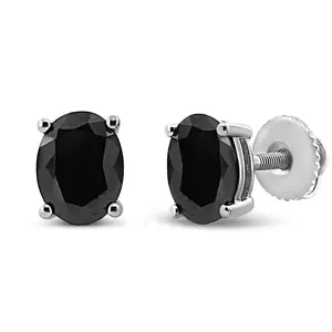 .925 Sterling Silver Prong Set Treated Black Oval Diamond Stud Earring (Black Color, I2-I3 Clarity)