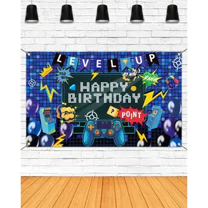 Video  Birthday Backdrop Banner   Happy Birthday Party Decorations Banner Level up Theme Party Wall Decorations Supplies (Blue, 70.8x43.3 inch)