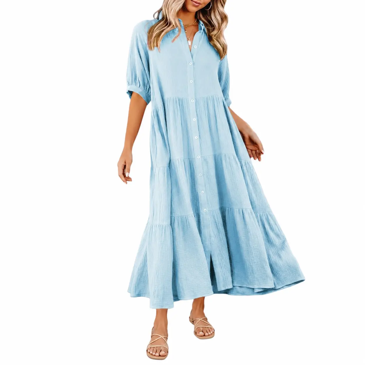 utcoco Women's Baggy Solid Cotton Dress - Comfy Puff-Sleeve Button-Down Tiered A-Line Swing, Beach-Fit 1-Piece Dressy Casual Party Wear with Short-Sleeve Option