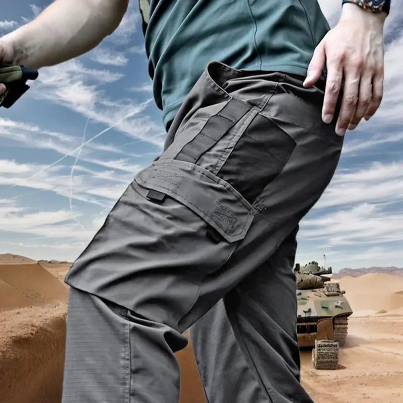 Men's durable outdoor training pants, men's multi-pocket work pants, men's solid color and printed pocket zipper waterproof tactical cargo pants without belt, regular fit sports pocket durable autumn pants.