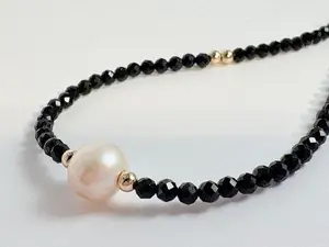 Grace Kelly Dainty Gemstone Choker 14k Gold Filled Necklace with Labradorite & Pearl 14 Inch Length with 2 Inch Extender