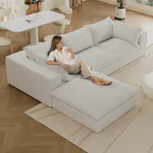 118.2" Modular Sectional Sofa Cloud Couch with Ottoman, Modern Fluffy Boneless Couch, Deep Seat Upholstered Sofa for Living Room Furniture, Bedroom and Apartment, Plush Corduroy, White