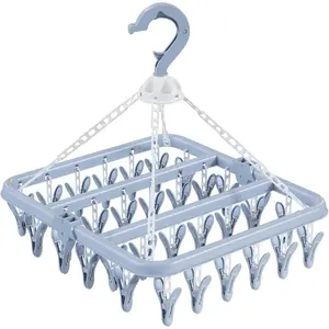 Clothes Drying Rack with 32 Clothespins, Bule Foldable Hanging Drying Racks, 360? Rotatable Hook for Drying Towels Bras  Clothes Gloves Plastic, Clothes Drying Foldable-Bule