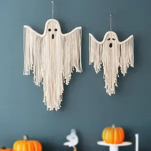 Boho Halloween Ghost Wall Hanging Decor, Macrame Fringe Spooky Ghost Ornaments, Bohemian Wall Art for Home, Living Room, Party, Bohemian Aesthetic