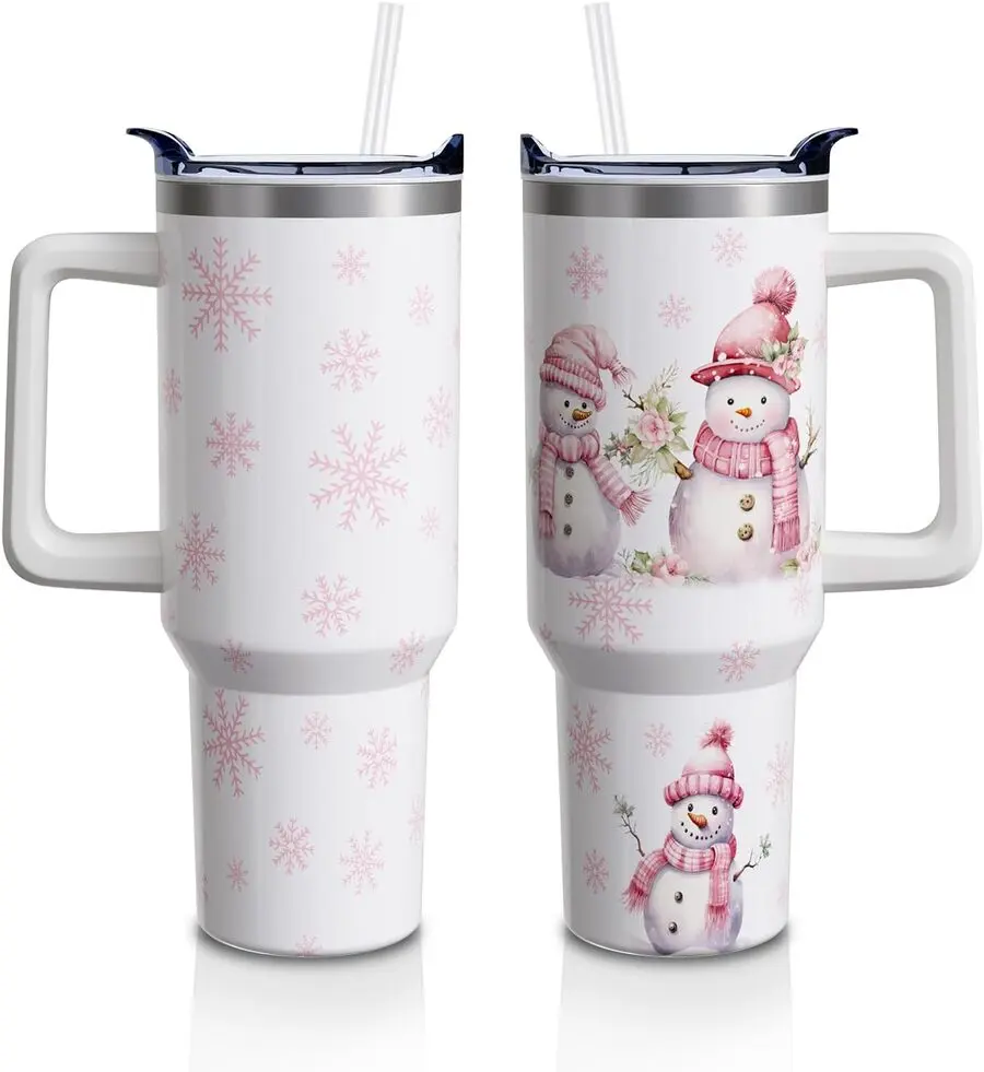 Women's 40oz Stainless Steel Insulated Tumbler Water Bottle - Aesthetic Christmas White Snowman Party Decor Drinkware, Portable Transparent Cup with Handle, Straw, Lid (1 PC) for Birthday Party Gifting to Best Friend Girls