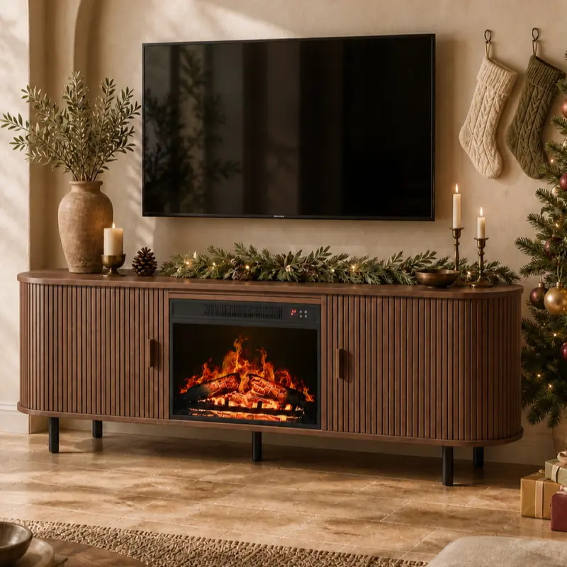 【Black Friday】ONBRILL 70.8" Gorgeous Fluted Fireplace TV Stand for TVs Up to 80" with 23" Electric Fireplace, Luxury Modern Entertainment Center with Power Outlet , TV Media Console with Storage for Living Room, Bedroom Furniture, Christmas Gift