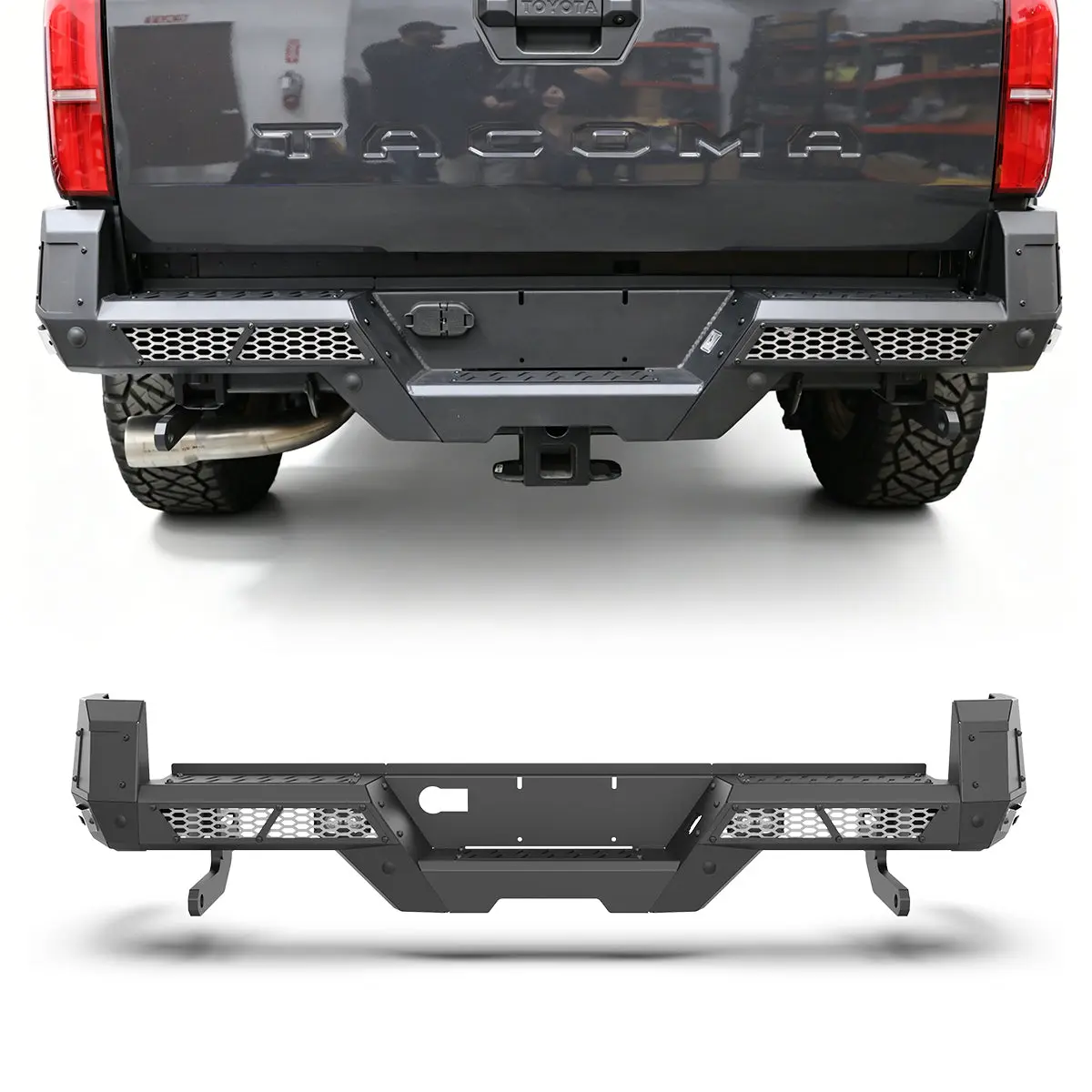WOLFSTORM Rear Bumper for 2024-2026 TOYOTA TACOMA, Powder Coat Finish, Honeycomb Mesh Design, Includes Hardware, OEM Sensor Fit, Pod Lights Slot