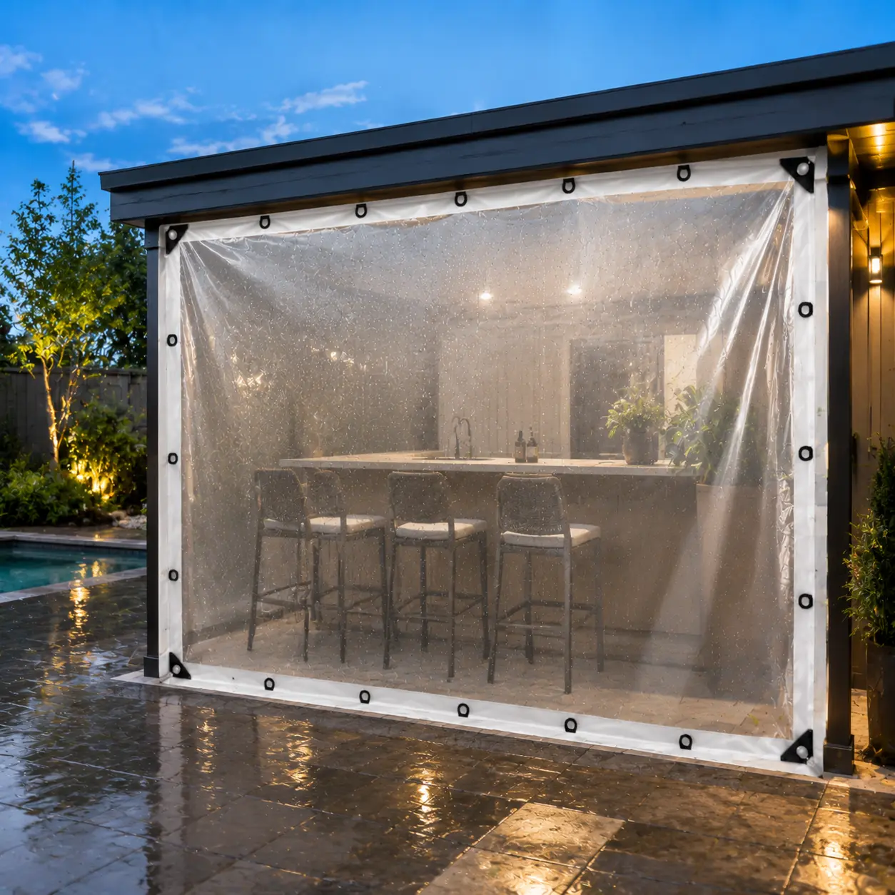 Durable multi-functional Heavy-Duty clear waterproof fabric with windproof and dustproof protection properties, featuring reinforced rivet fixing holes, suitable for use on patios, campers and outdoor storage, a practical waterproof Tarp material