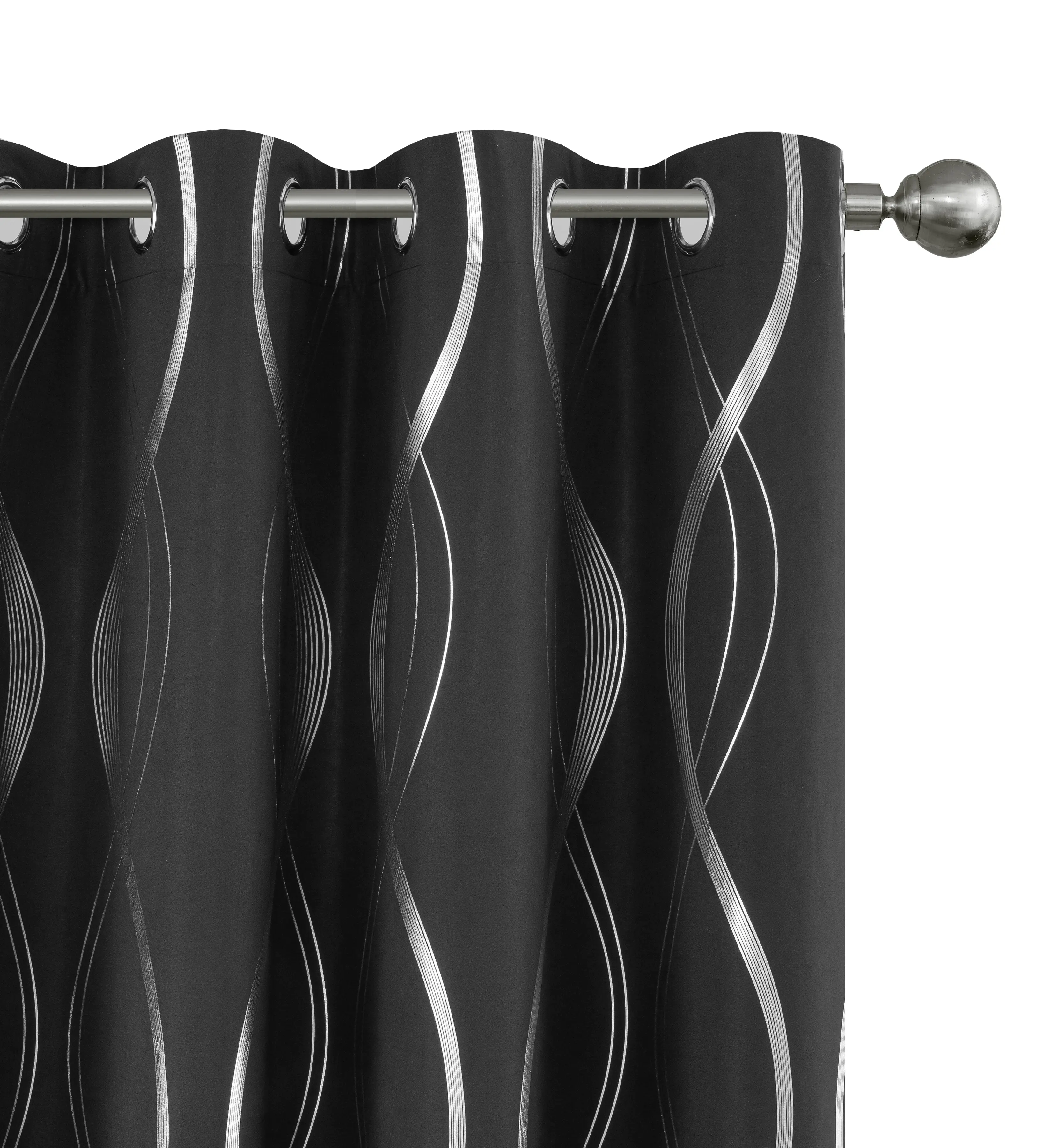4 Panel Blackout Curtains, Black Silver Wave Foil Print, Stain-Resistant & Dust-Proof, Full Room Blackout, Perfect for Living Room, Bedroom & Home