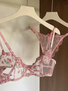 Women's 2-Piece Blush Pink French Romantic Floral Embroidered Mesh Lingerie Set - Underwire Push-Up Underwear Sets, Elegance-Focused, Sexy, Ideal Valentine Gift