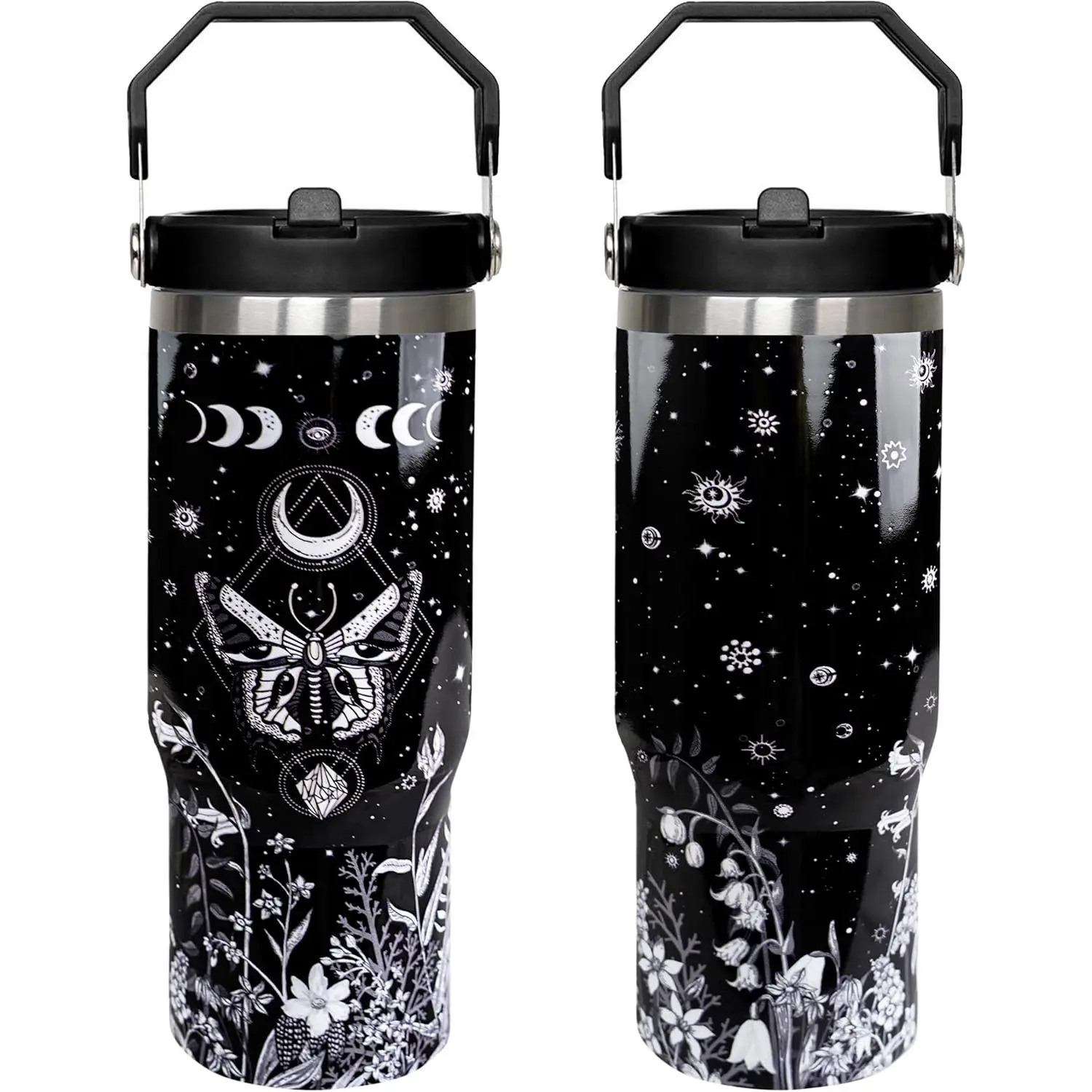 30oz Gothic Thermal Stainless Steel Vacuum Flask - Portable Spillproof Insulated Tumbler, Halloween Tumbler for Mom, Sister, with Wide Mouth, Handle, Foldable Straw Lid Keeps Sips Tidy, Sun & Moon Butterfly Design Reusable Travel Coffee Drinkware, Flasks,
