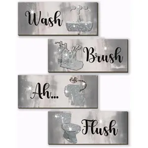 4 Pcs Silver Bathroom Decor Abstract Grey Black White Wall Decor Wooden Silver Bathroom Accessories Modern Funny Glitter Wall Art for Home Toilet Decoration 10x4 Inches
