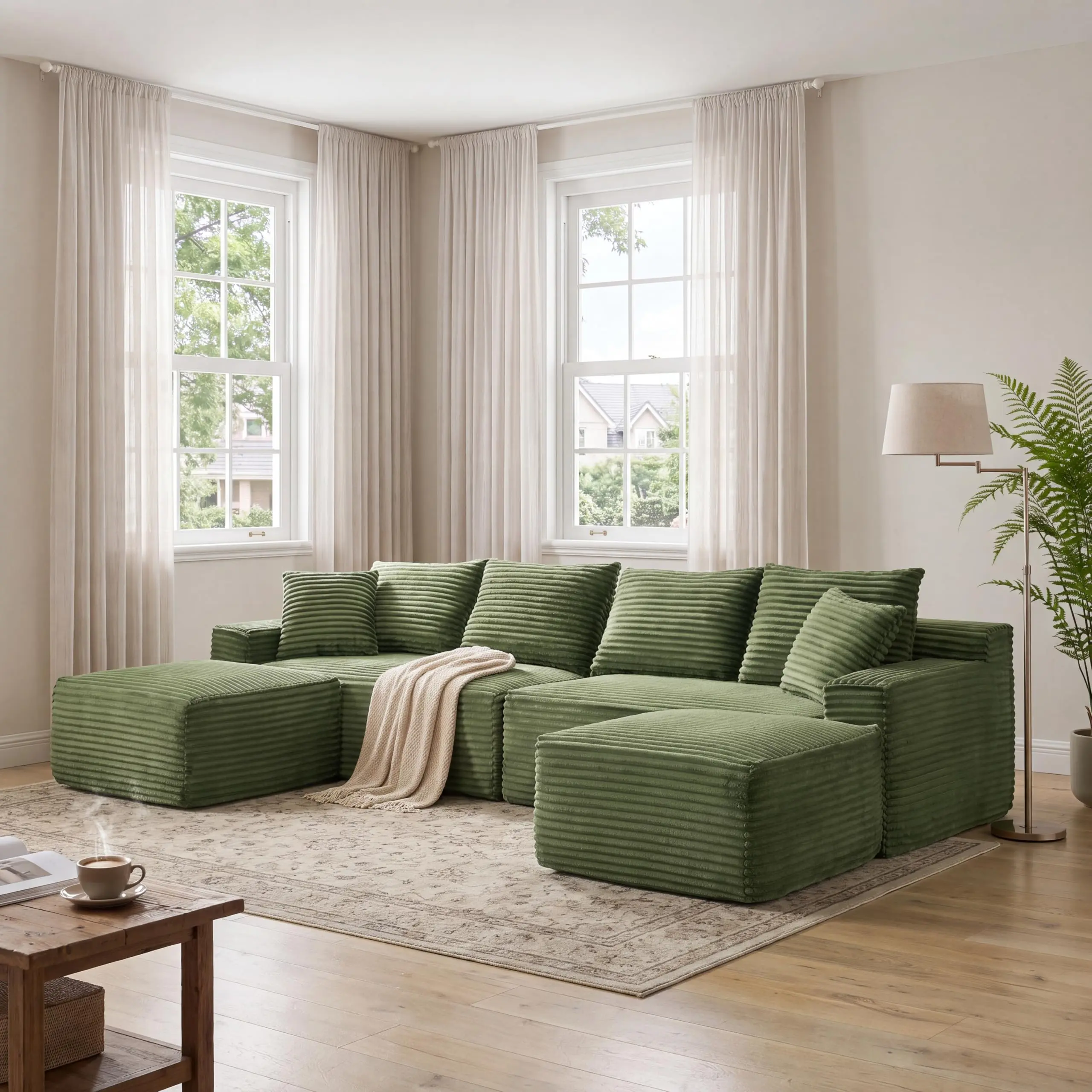 115-Inch U-Shaped Cloud Sectional Couch Compressed Modular Boneless Sectional Sofa with 2 Ottomans, Plush Corduroy Symmetrical Sofa for Living Room