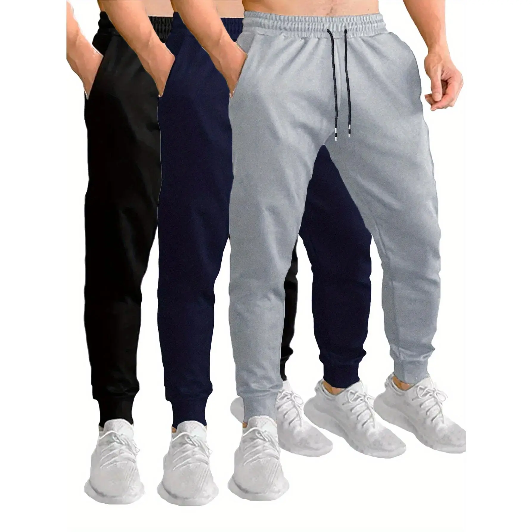 3pcs Men's Slim Fit Stretch Cotton Sweatpants with Deep Pockets - Ideal for Gym, Jogging & Workout |   Elastic Waistband, Durable & Comfortable Active Wear in Black, Dark Gray, and Light Gray