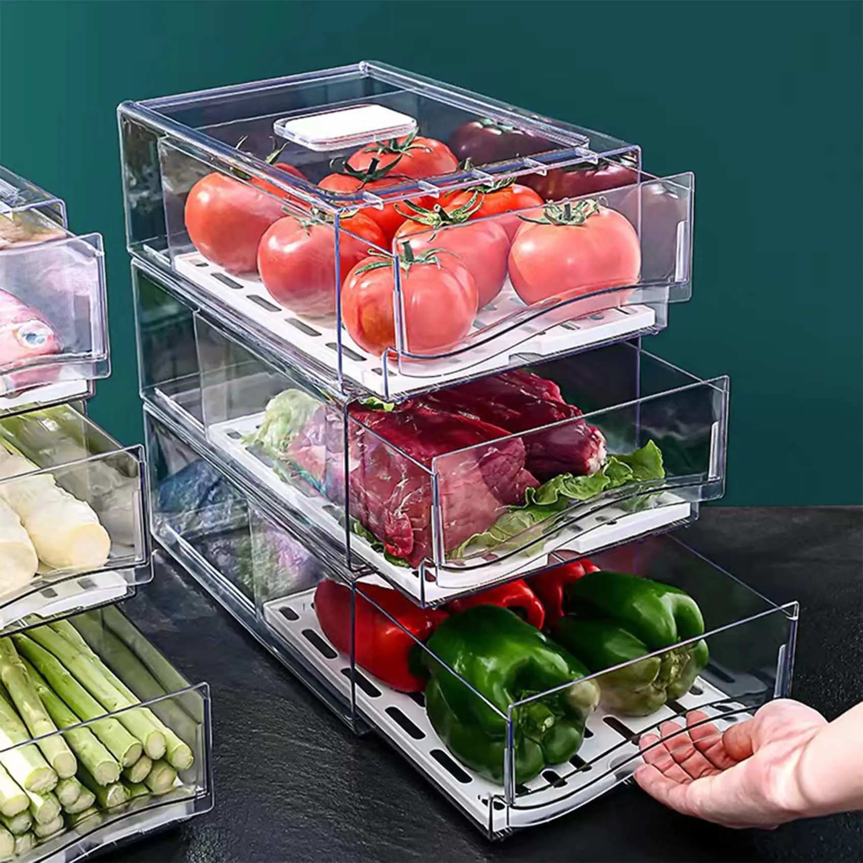 2-Pack Stackable Fridge Freezer Organizer Bins, BPA-Free Ventilated Drawer-Design Containers, Food-Safe Reusable Storage for Small Home Kitchens