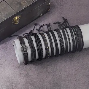 A set of 10 retro and simple style leather men's combined bracelets. They are purely hand-woven wristbands, suitable as festival accessories and DIY leather bracelets.