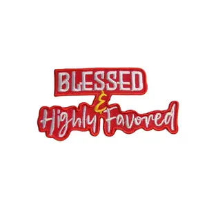 Patch Party Club, (1-pc) "Blessed & Highly Favored" RED & WHITE, Sz 3", Iron-on Embroidered Patch for Clothing, Trucker Hats, Backpacks, Shoes, DIY, Crafts