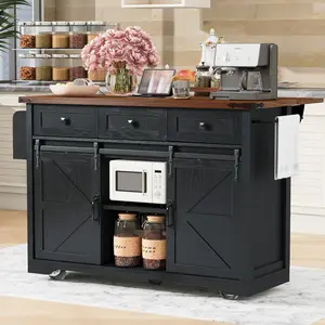 ARCH K&K 53.7" Farmhouse Kitchen Island with Power Outlet, 2 Sliding Barn Door Kitchen Storage Island with Drop Leaf, Spice Rack Rolling Kitchen Cart on Wheels, for Home, Kitchen and Dining Room, Black