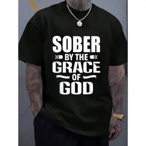 100% Cotton Christian Jesus Religious Saying Sober By The Grace Of God T-Shirt Women's Men's Graphic Tee Causal Tops Fashion