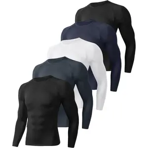 Men's 5-Pack Long Sleeve Compression Shirts - Black Polyester-Spandex Moisture-Wicking Second-Skin Quick-Dry Base Layer Undershirts for Athletic Gym, Running