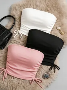 Summer Sexy Basic Crop Top Set, Slim-Fit Strapless Ruched Halter Neckline, Three-Piece for Women, Trendy Summer Fashion Womenswear