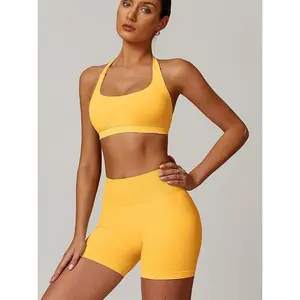 New seamless yoga backless halter neck sports fitness bra and shorts set