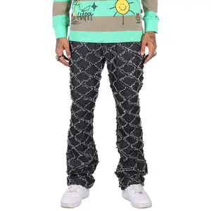 ACE Men's premium rip&repair flare stacked fit quilted denim pants